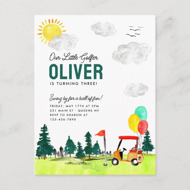 Our Little Golfer Cart Swing By Kids Golf Birthday Postcard (Front)
