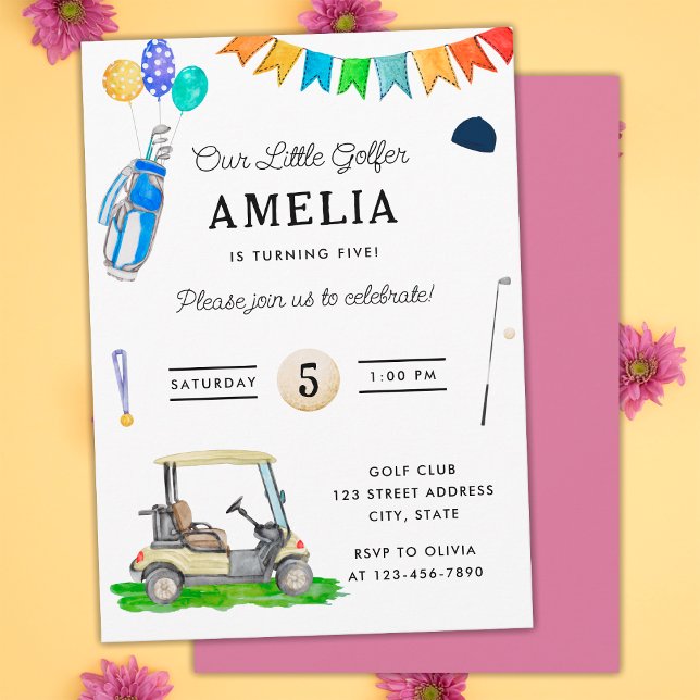 Our Little Golfer Pink Cart Kids Golf Birthday Invitation (Front and Back)