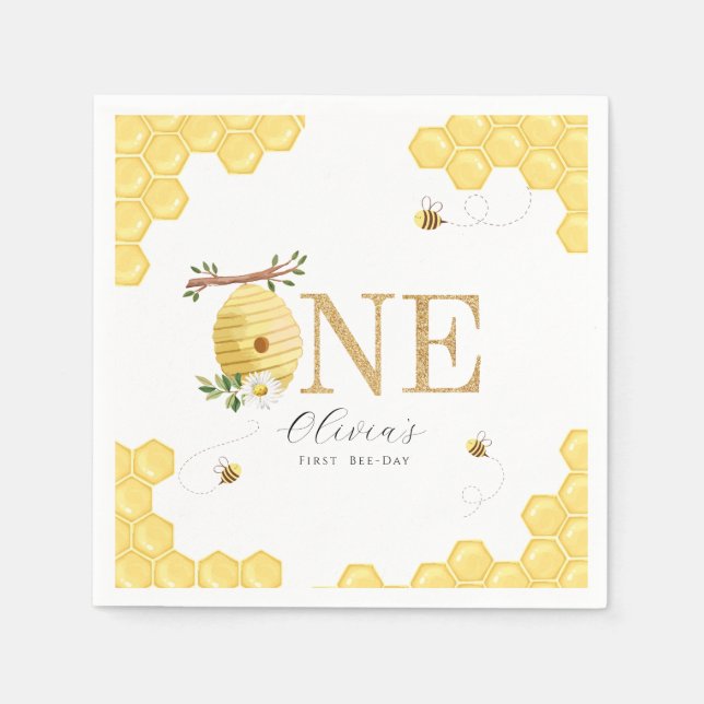 Our Little Honey Bee 1st Bee-Day Birthday Napkins (Front)