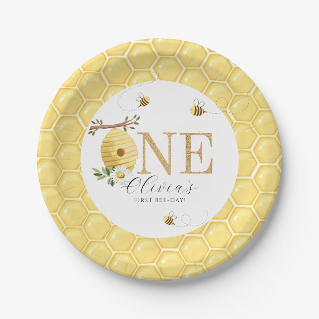 Our Little Honey Bee 1st Bee-Day Birthday Paper Plates (Front)