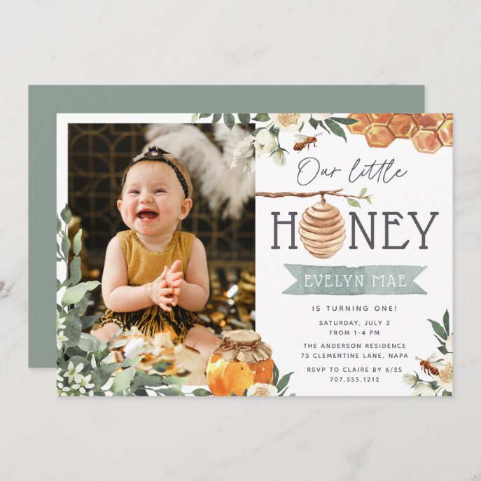 Our Little Honey | Bee Theme Photo Birthday Party Invitation