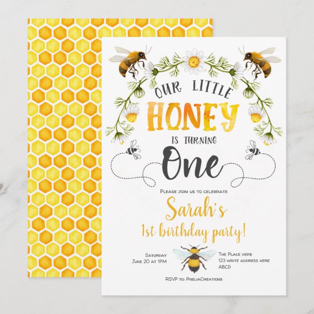 Our little honey, Bee themed 1st birthday invite (Front/Back)