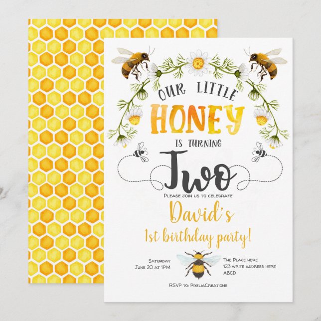 Our little Honey, Bumble bee, Bee 2nd birthday Invitation (Front/Back)
