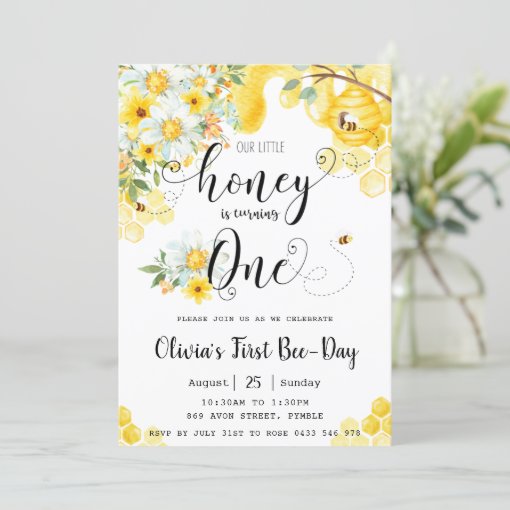 Our Little Honey Is ONE Bee Floral 1st Birthday Invitation | Zazzle