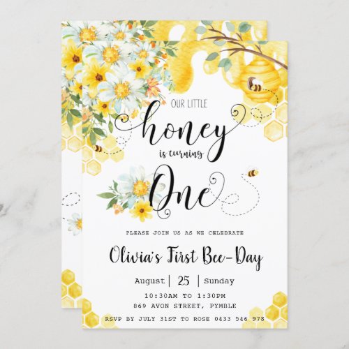 Our Little Honey is ONE Bee Floral 1st Birthday    Invitation