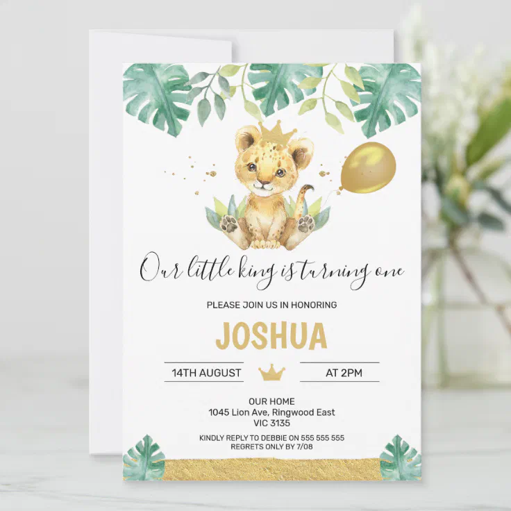 Our Little King Lion Crown Balloon 1st Birthday Invitation