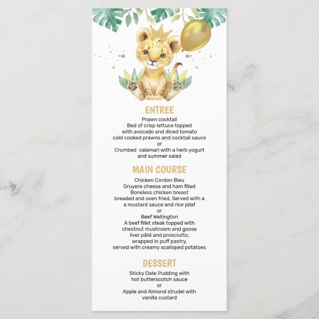 Our Little King Lion Crown Balloon 1st Birthday  Menu (Front)