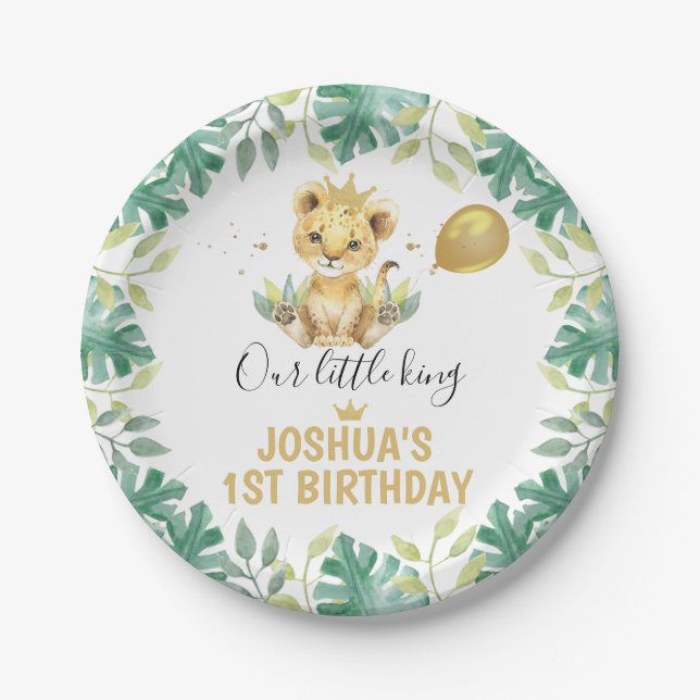 Our Little King Lion Crown Balloon 1st Birthday  Paper Plates (Front)