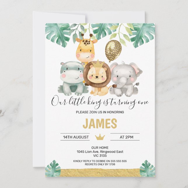 Our Little King Lion Crown Safari 1st Birthday Invitation (Front)