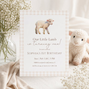 Our Little Lamb Birthday Neutral Gingham Invitation