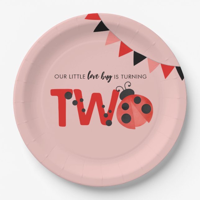 Our Little Love Bug is Turning Two Ladybug Paper Plates (Front)