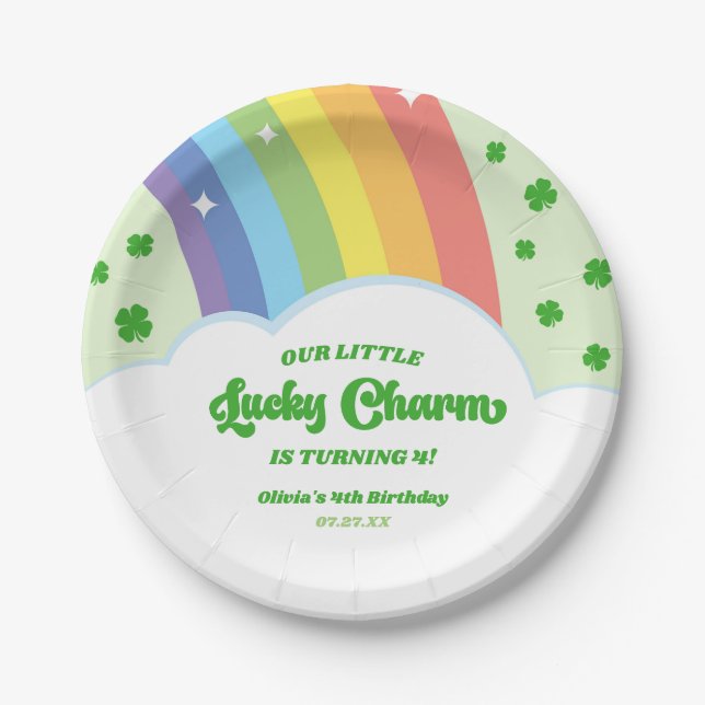 Our Little Lucky Charm Rainbow Birthday Party Paper Plates (Front)