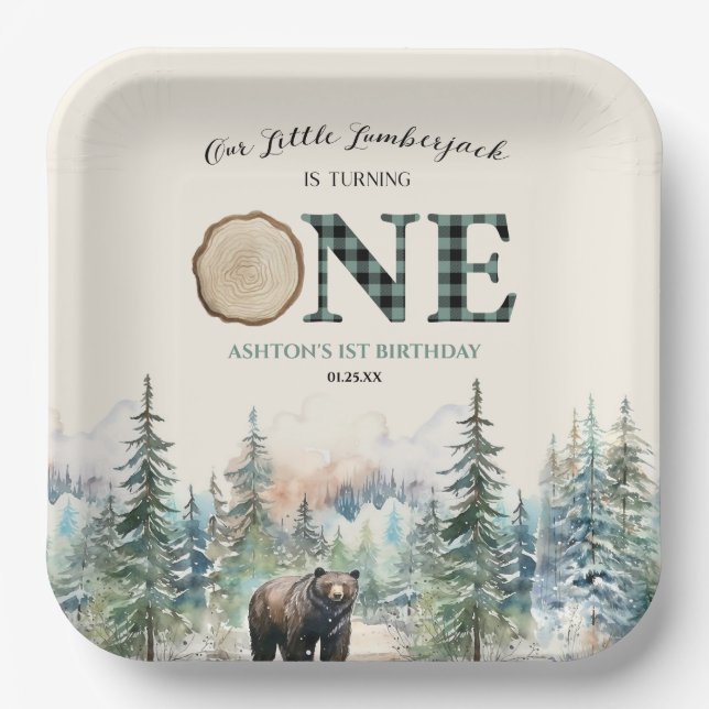 Our Little Lumberjack Bear 1st Birthday Party Paper Plates (Front)