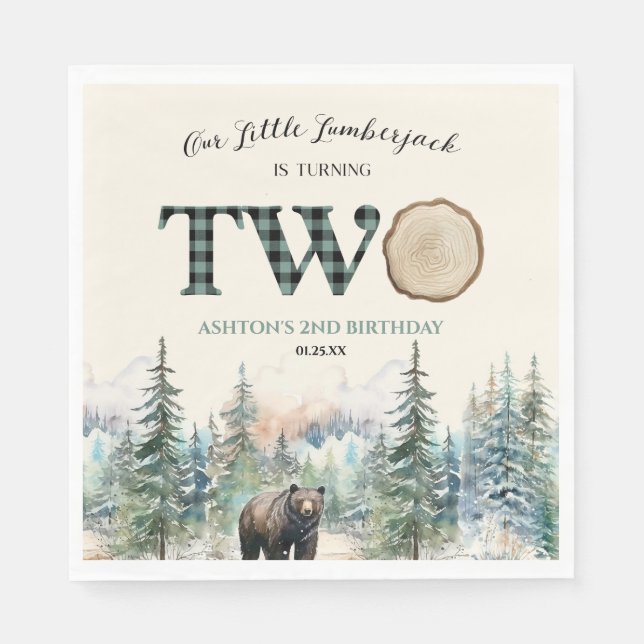 Our Little Lumberjack Bear 2nd Birthday Party Napkins (Front)