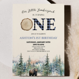 Our Little Lumberjack Bear Blue 1st Birthday Party Invitation