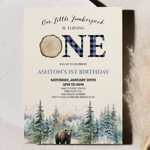 Our Little Lumberjack Bear Blue 1st Birthday Party Invitation