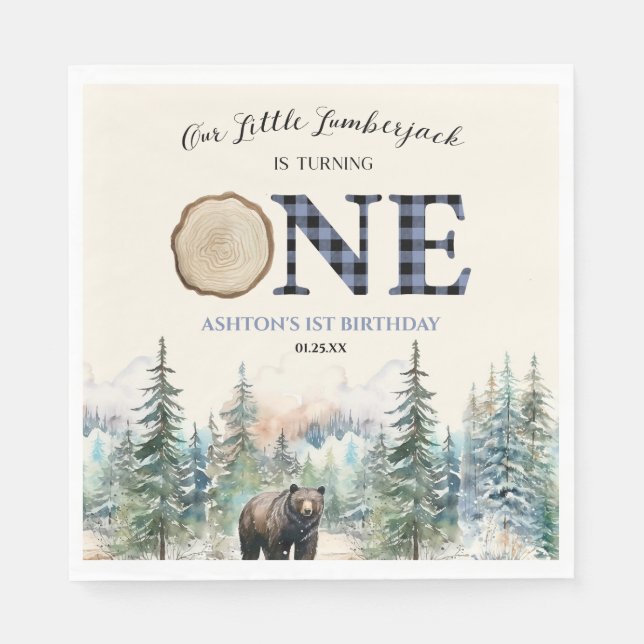 Our Little Lumberjack Bear Blue 1st Birthday Party Napkins (Front)
