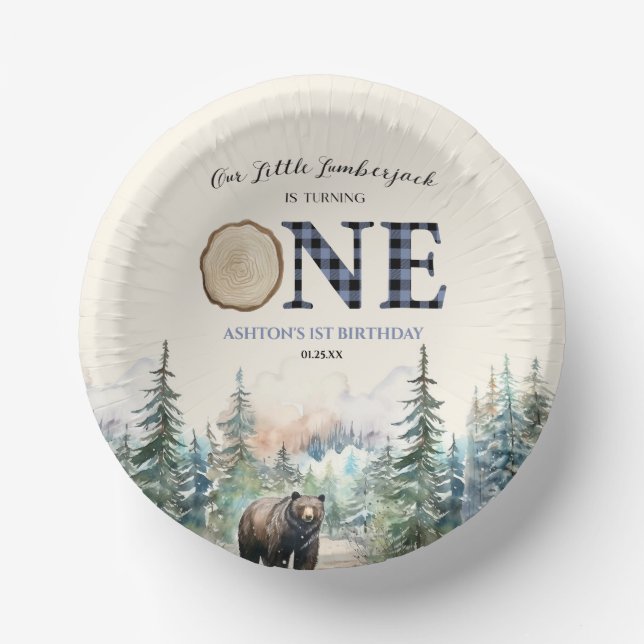 Our Little Lumberjack Bear Blue 1st Birthday Party Paper Bowls (Front)