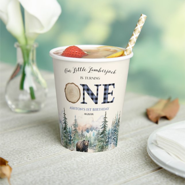 Our Little Lumberjack Bear Blue 1st Birthday Party Paper Cups (Insitu)