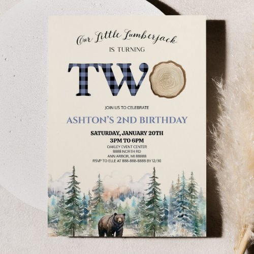 Our Little Lumberjack Bear Blue 2nd Birthday Party Invitation