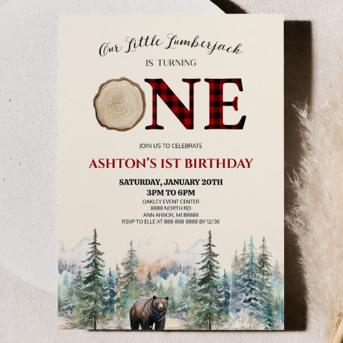 Our Little Lumberjack Bear Red 1st Birthday Party Invitation