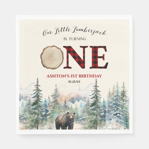 Our Little Lumberjack Bear Red 1st Birthday Party Napkins