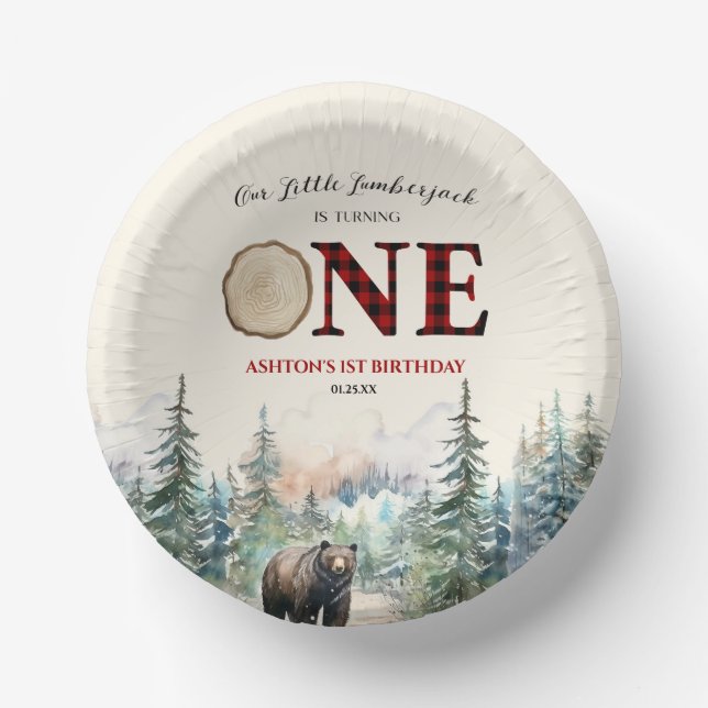 Our Little Lumberjack Bear Red 1st Birthday Party Paper Bowls (Front)