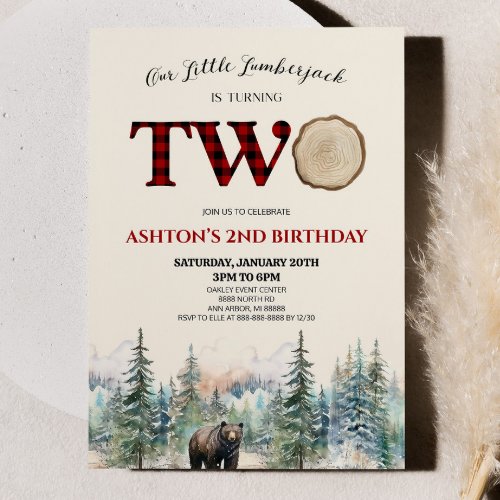 Our Little Lumberjack Bear Red 2nd Birthday Party Invitation