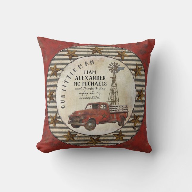 Our Little Man Baby Birth Stats Rustic Nursery Throw Pillow (Front)