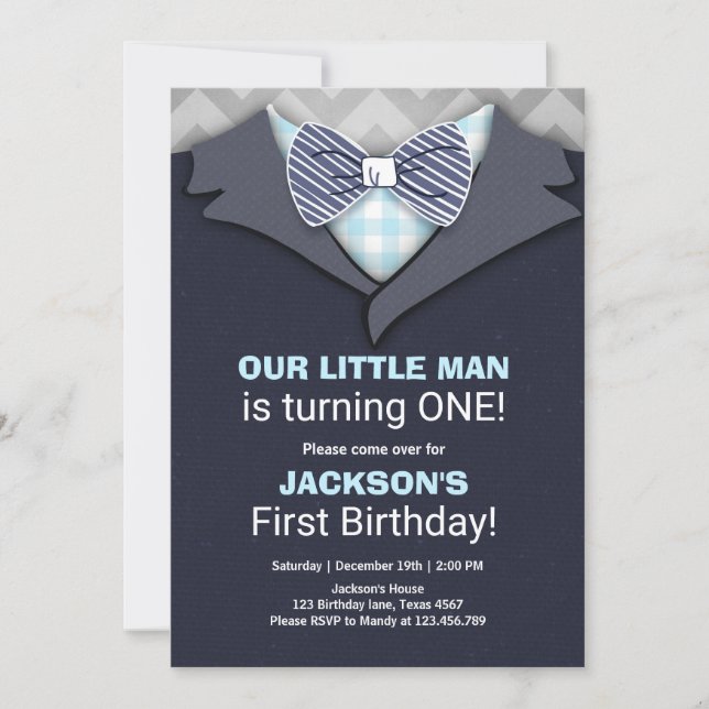 Our Little Man Birthday Invitation Boy Bow Tie (Front)