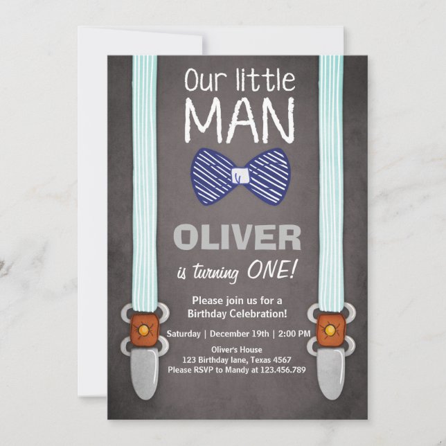 Our Little Man Birthday Invitation Boy Bow Tie (Front)