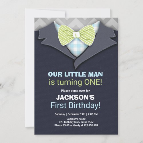 Our Little Man Birthday Invitation Boy Bow Tie