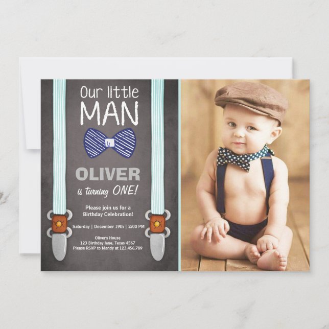 Our Little Man Birthday Invitation Boy Bow Tie (Front)