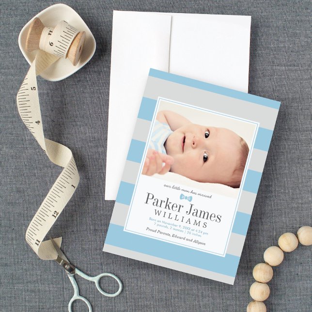 Our Little Man Blue Gray Handsome Baby Boy Birth Announcement (Creator Uploaded)