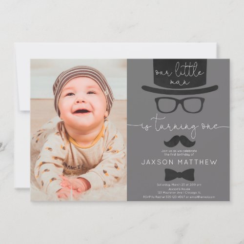 Our Little Man boy 1st birthday party photo Invitation