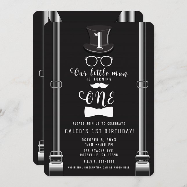 Our little Man Hipster Suspenders 1st Birthday One Invitation (Front/Back)
