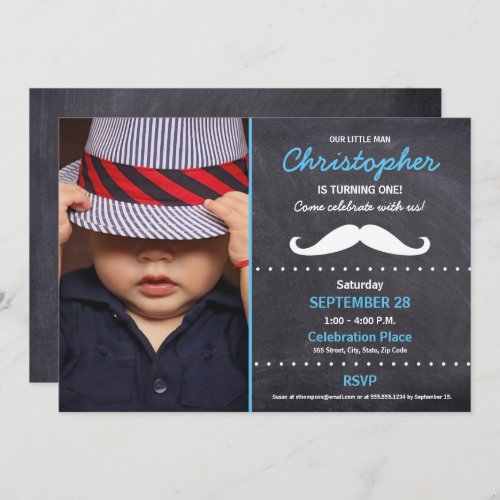 Our Little Man is turning One Photo Mustache party Invitation