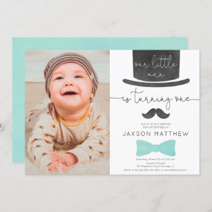 Our little man turquoise aqua 1st birthday photo invitation