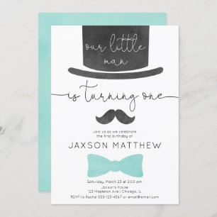 Our little man turquoise aqua boy 1st birthday invitation
