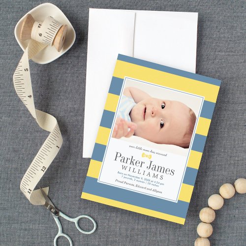 Our Little Man Yellow Blue Handsome Baby Boy Birth Announcement