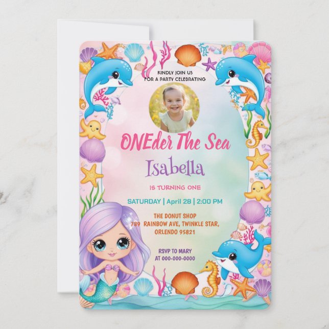 our little mermaid 1st Photo summer birthday Invitation (Front)