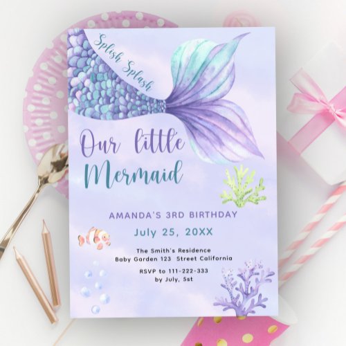 Our Little Mermaid 3rd Birthday Party Invitation