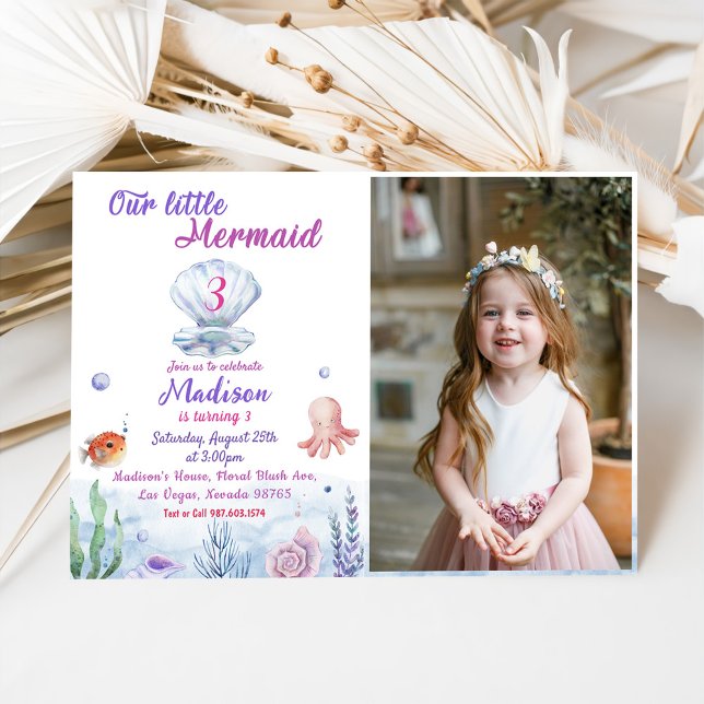 Our Little Mermaid 3th Birthday Party Photo Invitation (Creator Uploaded)