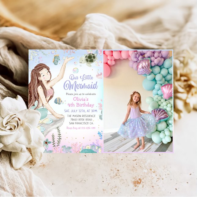 Our Little Mermaid 4th Birthday Party Photo Invitation (Creator Uploaded)