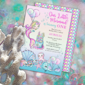 Our Little Mermaid Girl 1st Birthday Party Invitation