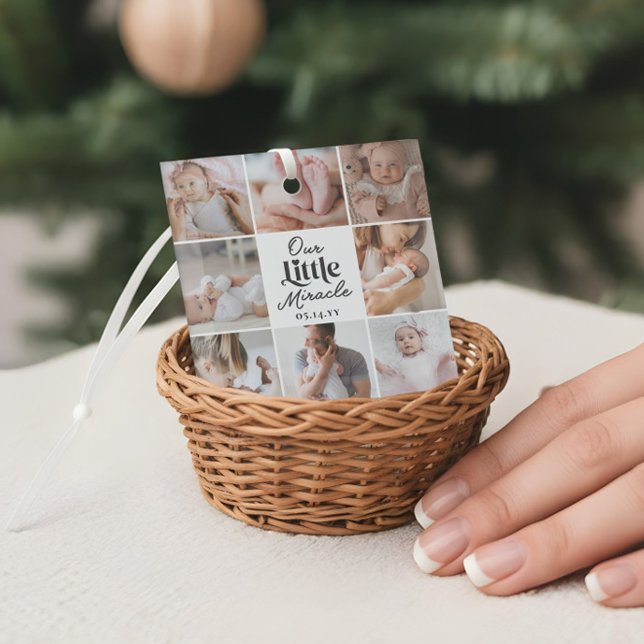 Our Little Miracle Newborn Baby Photo Grid Collage Glass Ornament (Our Little Miracle Newborn Baby Photo Grid Collage Glass Ornament)