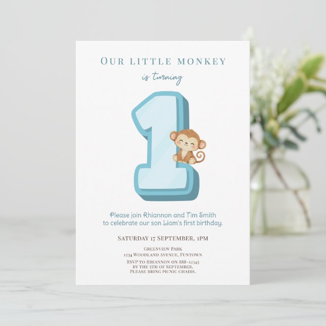 Our Little Monkey Blue 1st Birthday invitation (Standing Front)