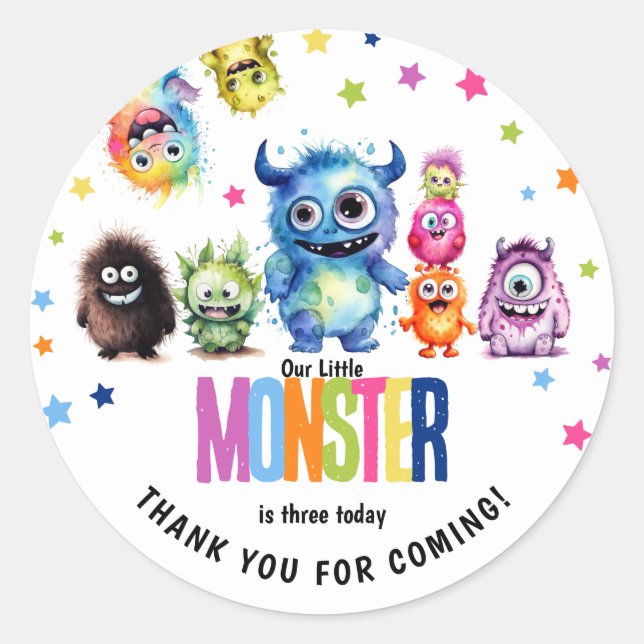 Our Little Monster Any Age Birthday Party Classic Round Sticker (Front)