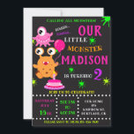 Our Little monster birthday invitation for girl<br><div class="desc">Our Monster birthday invitation for girl Little monster invitation Monster bash party invite. This cute pastel colors lil monster invitation featuring cute orange monster with a balloon, pink one eyed monster, small cake with one candle and some colored blots around. Surprise your friends with this brightfull and colorful invitation! Simply...</div>