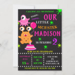 Our Little monster birthday invitation for girl<br><div class="desc">Our Monster birthday invitation for girl Little monster invitation Monster bash party invite. This cute pastel colors lil monster invitation featuring cute orange monster with a balloon, pink one eyed monster, small cake with one candle and some colored blots around. Surprise your friends with this brightfull and colorful invitation! Simply...</div>